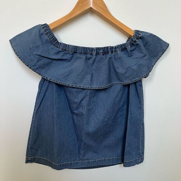 Chelsea28 Chambray Denim Ruffle Top Off the Shoulder Blouse Blue womens size xs - Picture 2 of 10